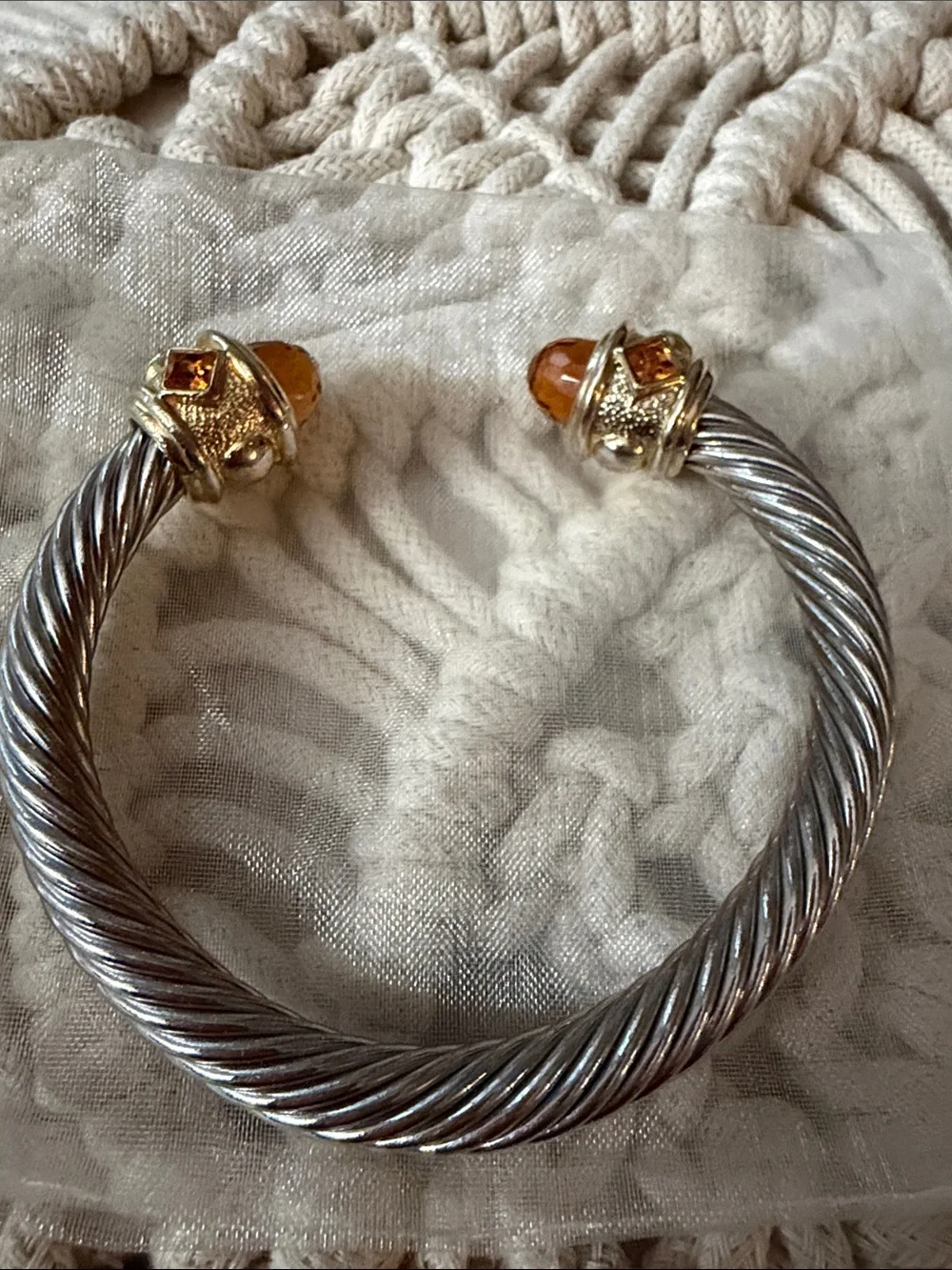 Silver-Tone Twisted Cable Open Cuff Bracelet with Amber Stones